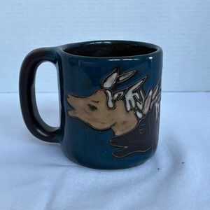 Handmade Ceramic Mug Teal Blue Dog Horse Animal Design Signed